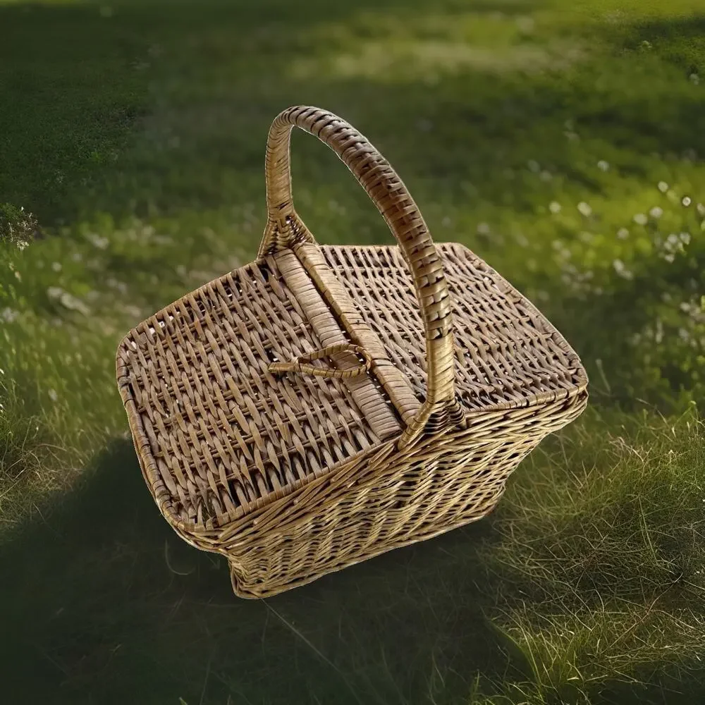 Vintage Wicker Picnic Basket Double Hinged Lid Single Handle Storage 16”